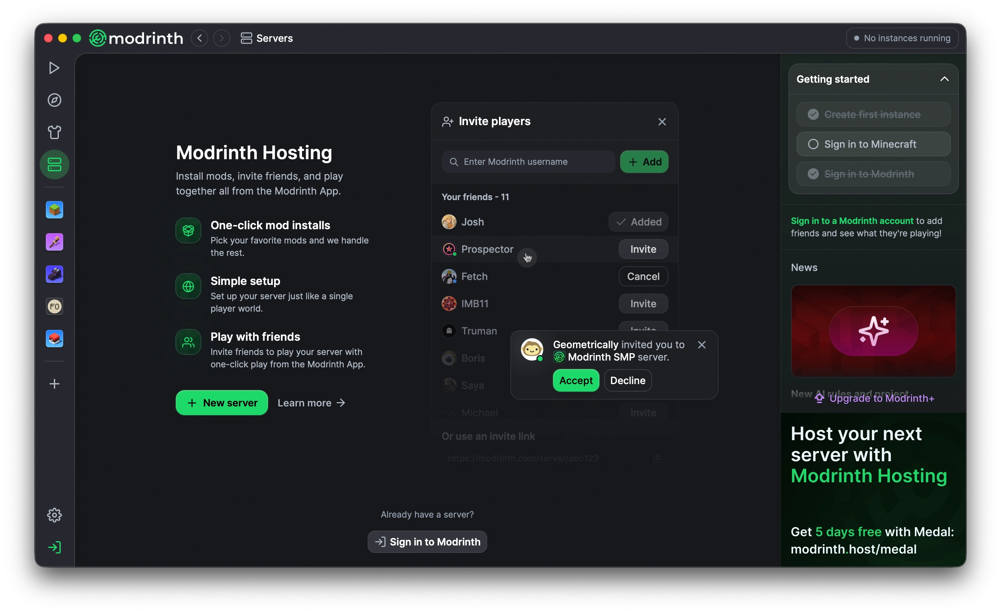 Modrinth Hosting empty state showing a few benefits of Modrinth Hosting and a graphic showing how you can invite your friends.